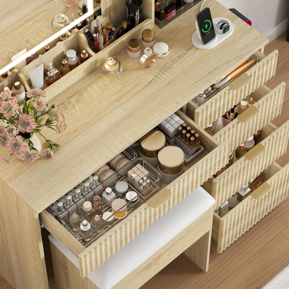 Fluted Vanity Desk with Hidden Storage Stool and Large Mirror, 5 Drawers | Ma...
