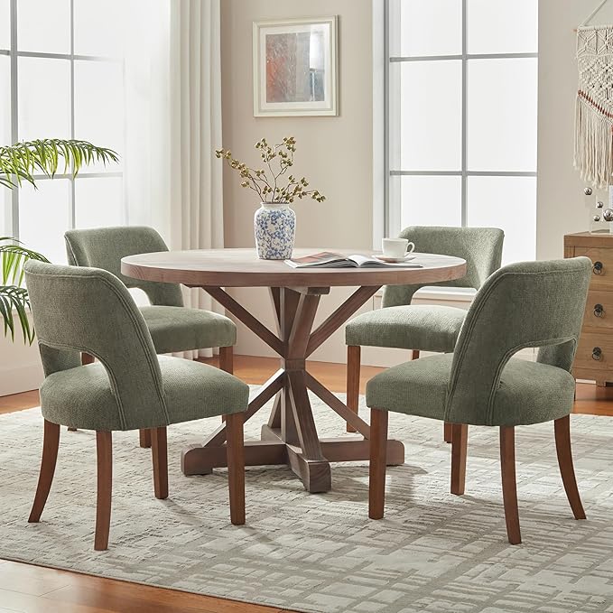 VKNOW Wooden Dining Chairs Set of 4, Modern Fabric Upholstered Dining Room Chair Kitchen Chairs, Farmhouse Dinner Chair for Kitchen Dining Room, Green
