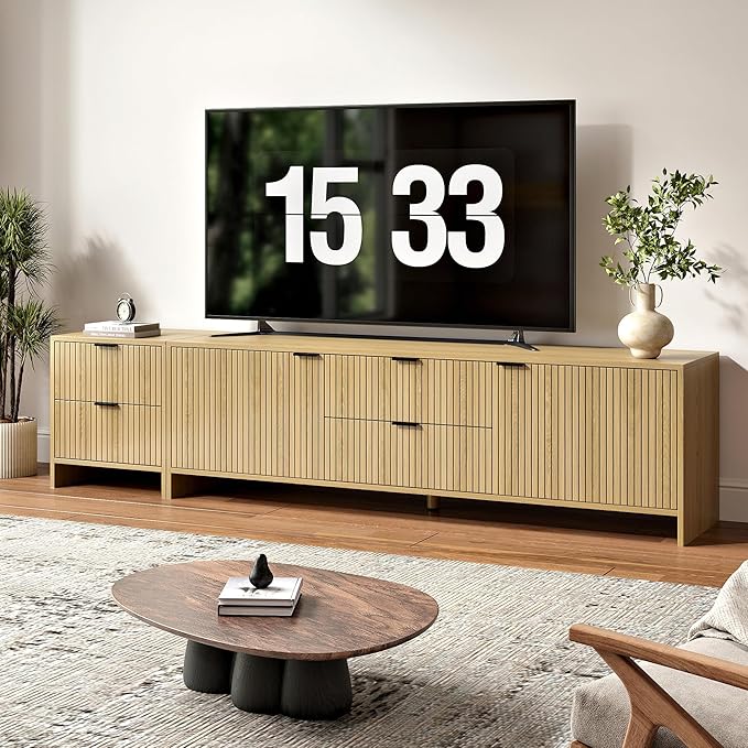 Fluted TV Stand for TVs up to 85",Modern TV Console with 4 Drawers,Wood Entertainment Center with Adjustable Shelves & Storage Cabinets for Living Room,Natural Oak