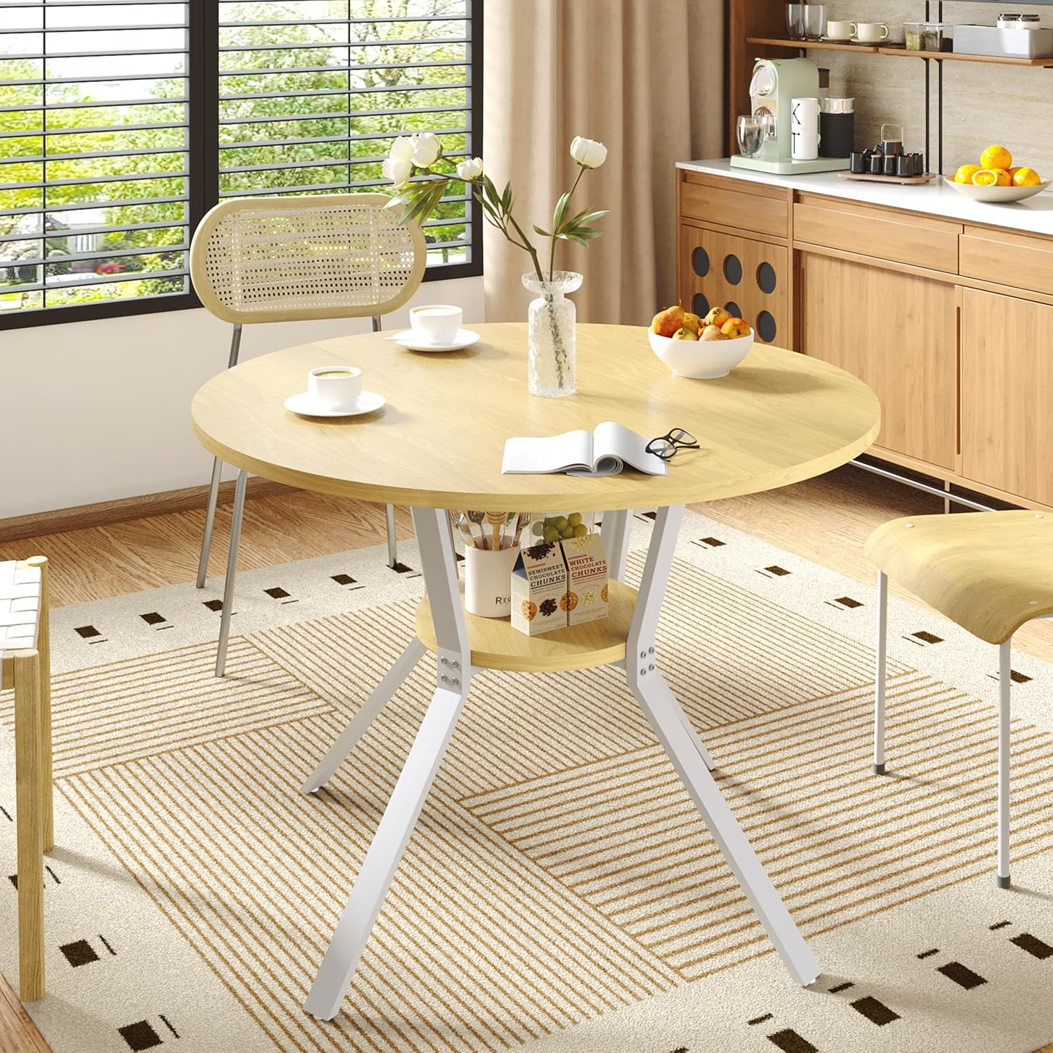 Wildhome Round Dining Table for 2-4, 43 Inch Dining Room Kitchen Table with 1-Tier Storage Shelf, Modern Farmhouse Dinner Furniture with Adjustable feet,Oval Circle(43in-Oak)