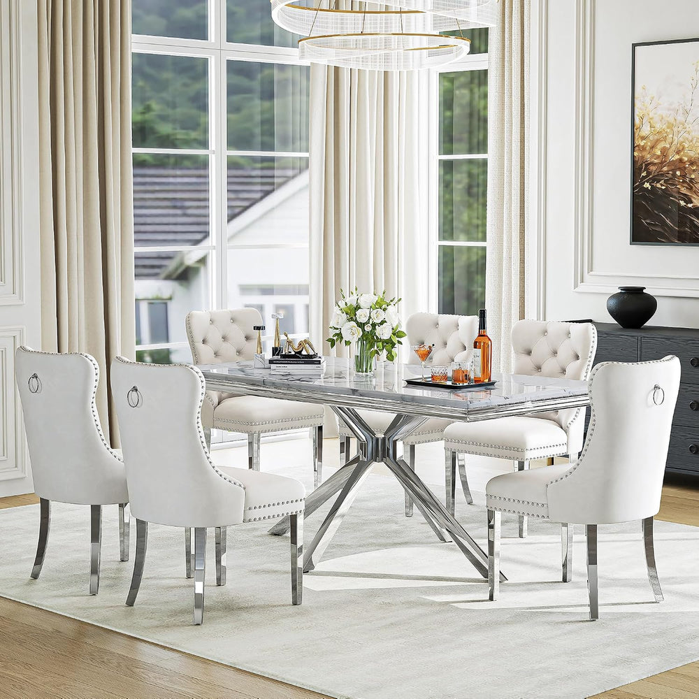 7 Piece Kitchen & Dining Room Set, Luxurious 70" White Large Marble ...