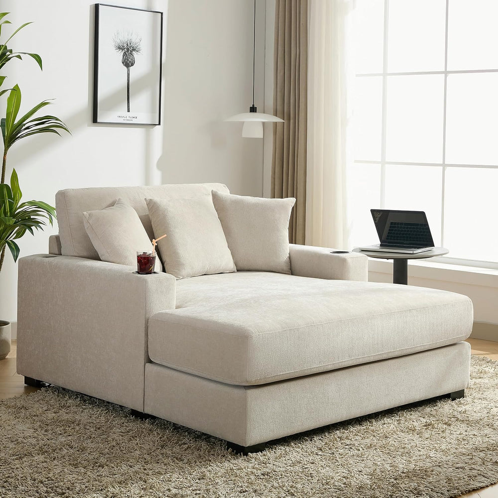 Merax Modern 55" Chaise Lounge with Pillow, Charge Station & Cup Hol...