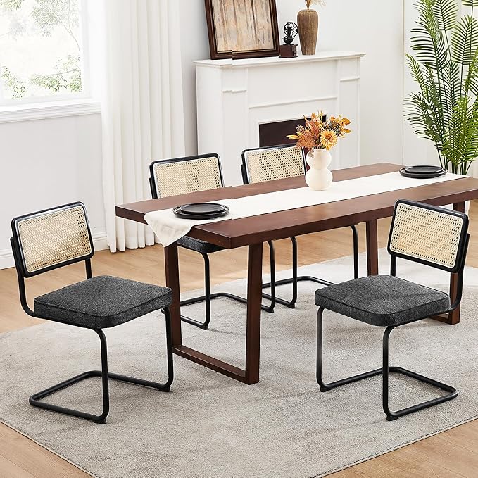 Zesthouse Natural Rattan Dining Chairs Set of 4, Mid Century Modern Dining Chairs with Solid Wood Back & Black Matte Base for Kitchen, Breuer Design Inspired, Upholstered Linen Fabric, Dark Grey