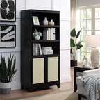 Manhattan Comfort Sheridan Modern Cane Bookcase with Adjustable Open Shelves, Soft Close Doors, and Concealed Compartments, Versatile 3 Tier Bookshelf Storage for Home and Office, Set of 2, Black