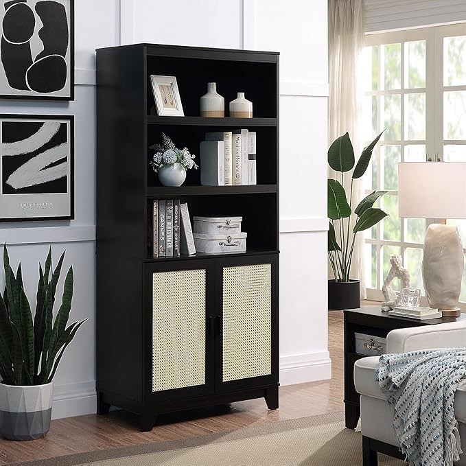 Manhattan Comfort Sheridan Modern Cane Bookcase with Adjustable Open Shelves, Soft Close Doors, and Concealed Compartments, Versatile 3 Tier Bookshelf Storage for Home and Office, Set of 1, Black