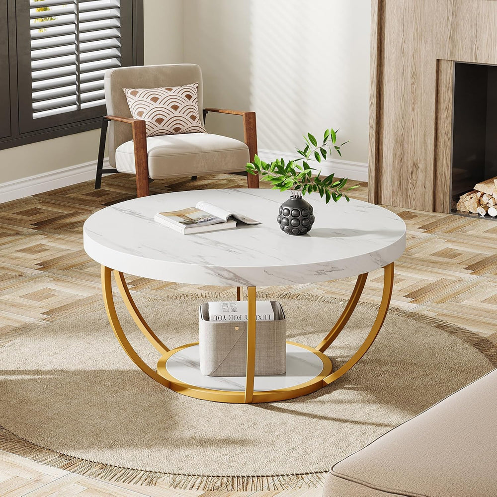 Tribesigns White and Gold Round Coffee Table, 31.7" Living Room Table