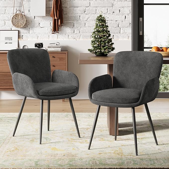 VKNOW Modern Dining Chairs Set of 2, Upholstered Dining Room Chair with Armrest, Kitchen Chairs with Curved Ergonomics Backrest for Living Room, Dining Room, Kitchen, Dark Grey