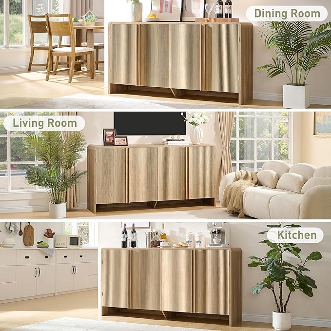 AMERLIFE 63" Fluted TV Stand Media Console Cabinet with Storage, Modern Credenza Entertainment Center with 4 Doors & Adjustable Shelves, Wood Coffee Bar for Living Room, Hallway, Natural Oak