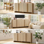 AMERLIFE 63" Fluted TV Stand Media Console Cabinet with Storage, Modern Credenza Entertainment Center with 4 Doors & Adjustable Shelves, Wood Coffee Bar for Living Room, Hallway, Natural Oak