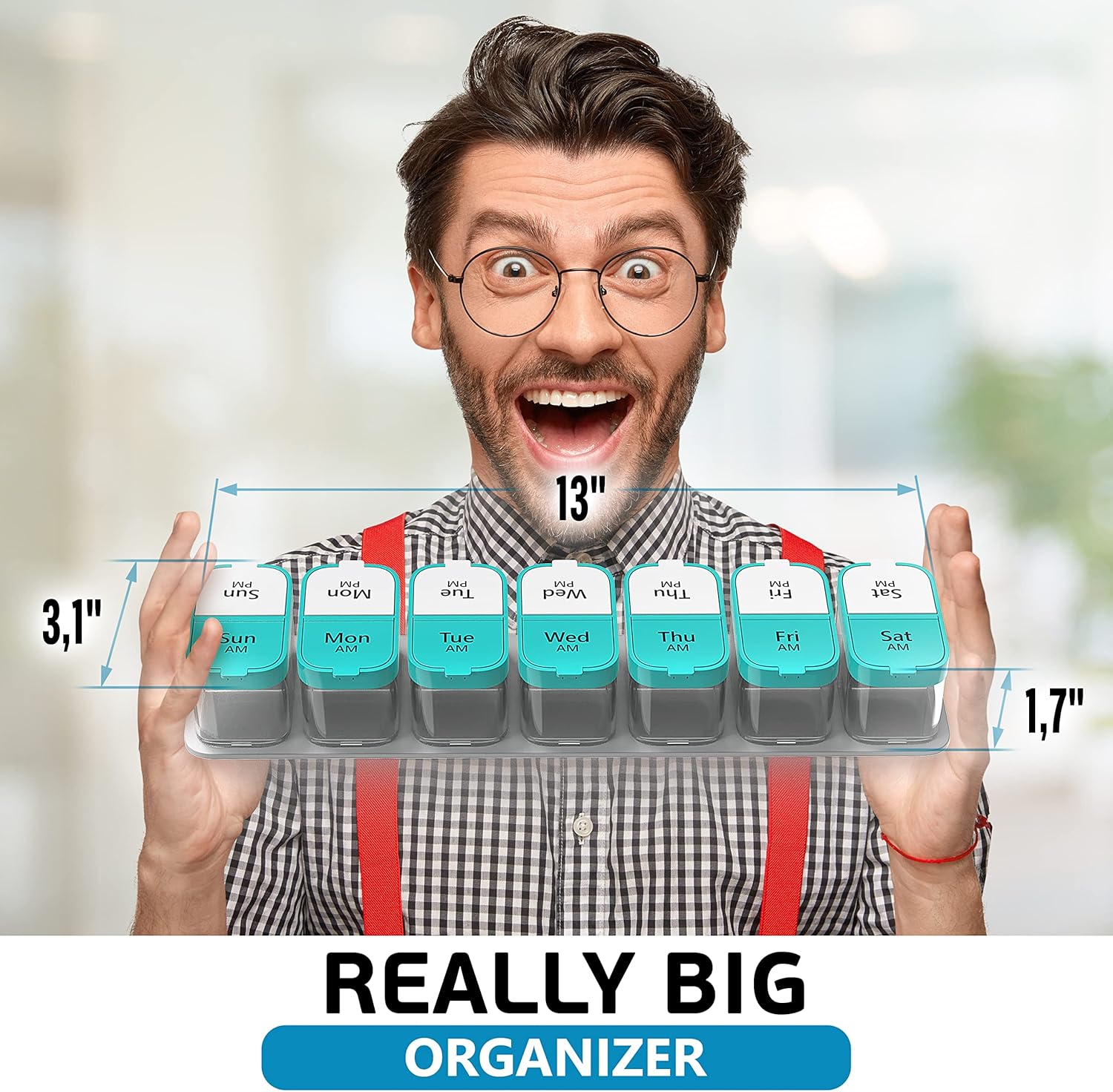 Extra Large Weekly Pill Organizer - XL Vitamin Holder with 7 Detachable AM PM Compartments - Portable Medicine Dispenser for Home and Travel, Big Supplement Container for Weekly or Daily Use, Mint