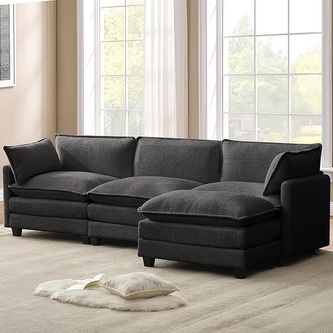 ROWHY 112'' Modular Sectional Cloud Couch with Movable Ottoman, 4 Seat Modern Chenille Sofa with 2 Throw Pillows, Deep Seat L Shaped Couch for Living Room Bedroom Apartment, Dark Grey | Arrange Freedom, Pet-Friendly Fabric, Sturdy Frame, Ultimate Comfo...