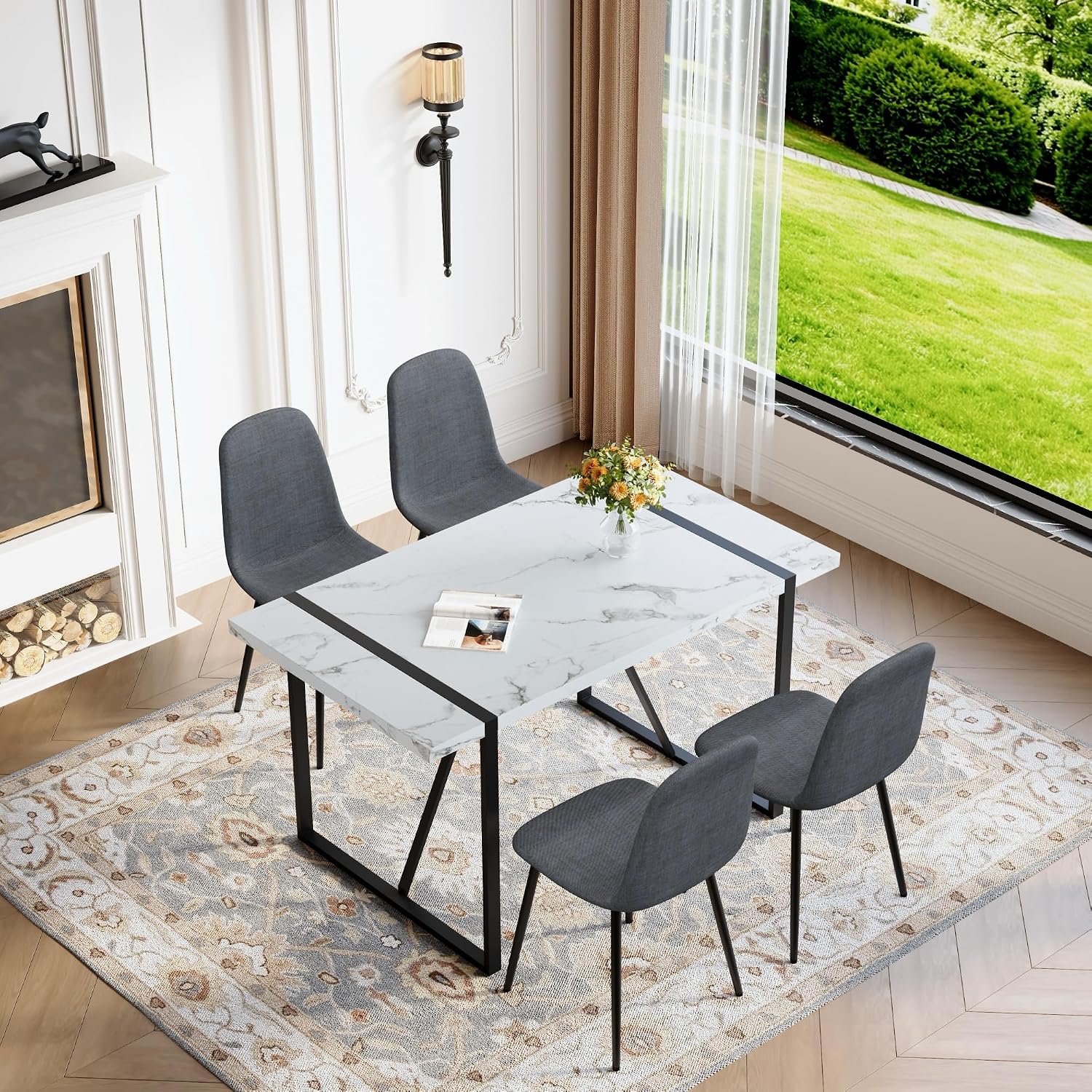 55" Dining Table Set for 4, 5 Piece Modern Dining Table Set for 4 with Fabric Chairs, Farmhouse Kitchen Table Set for 4 Suit for Living Dining Room Furniture, Sturdy and Easy-to-Clean（White & Gray）