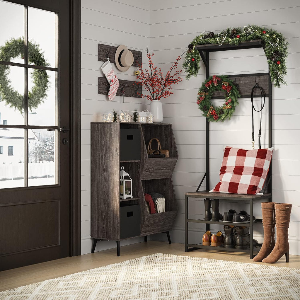 RiverRidge Afton Hall Tree, Black Metal Frame and Weathered Woodgrain | Entryway Organizer with Shoe Rack, Bench Seat, Coat Hooks, Top Display Storage Shelf