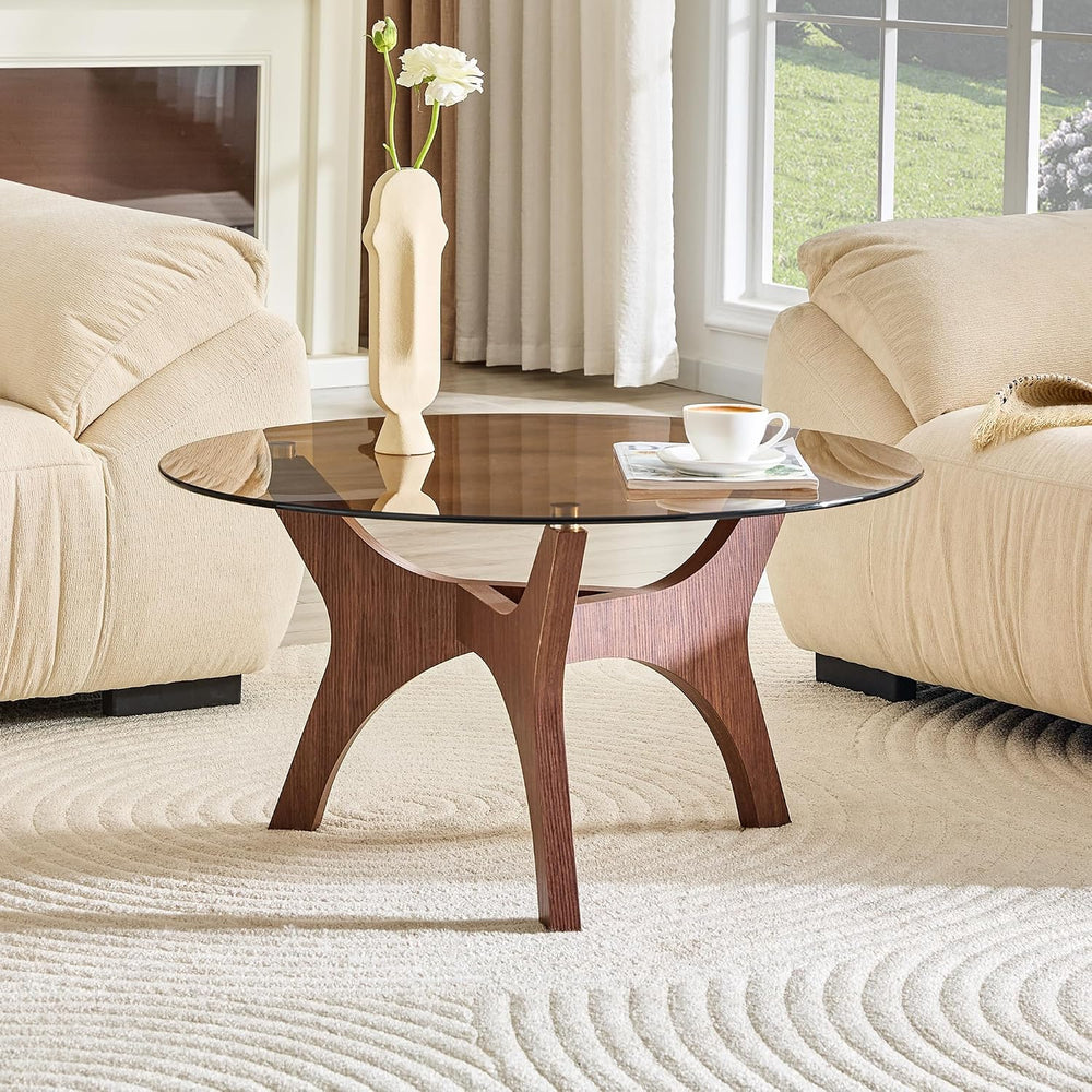 31.5" Glass Coffee Table, Mid-Century Modern Style, Walnut | Tempered gl...