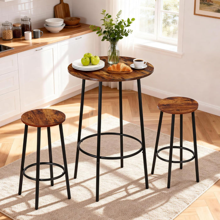 Nova Microdermabrasion 3 Piece Dining Table Set, Modern Round Bar Table and 2 Stools, Counter Height Wood Table and Chairs for Kitchen Breakfast Nook Dining Room Compact Space, Rustic Brown