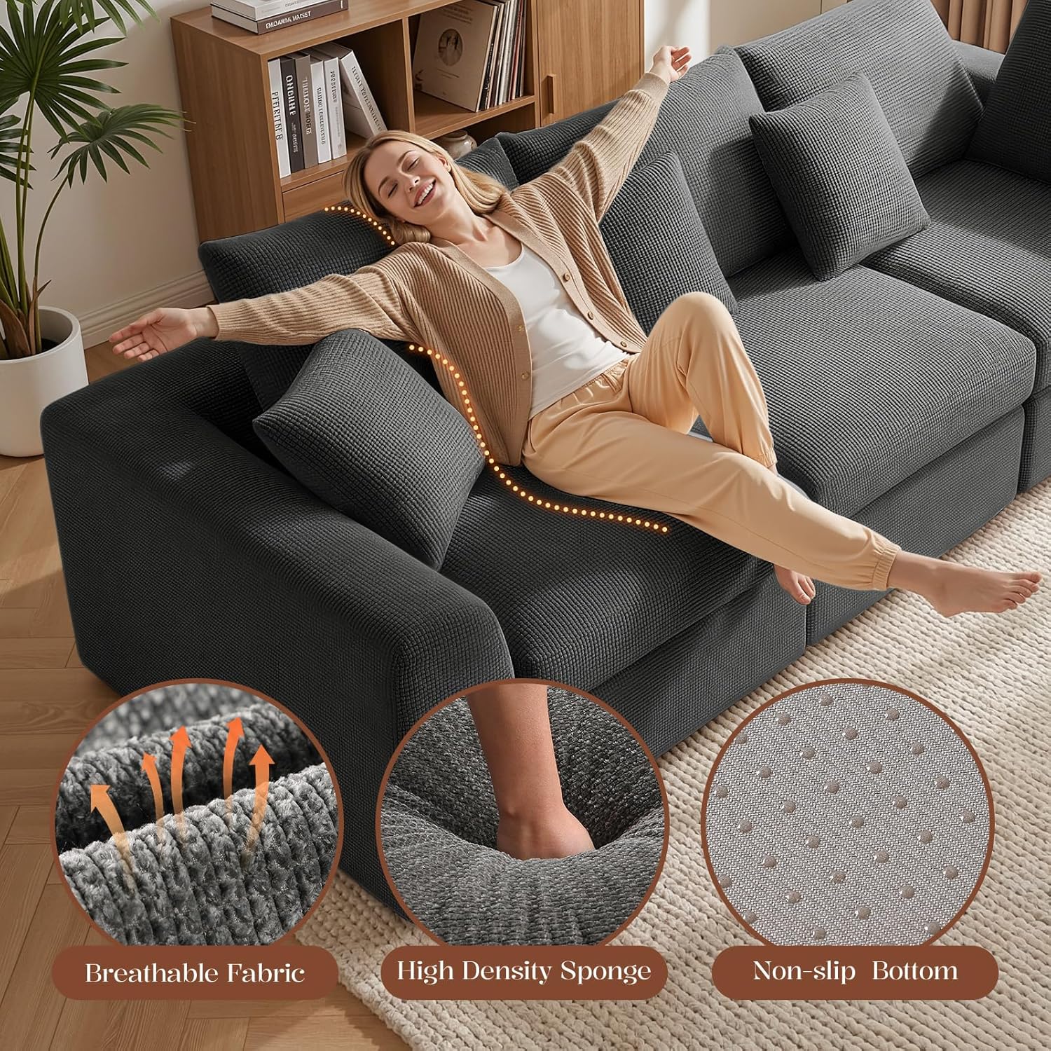 Benazcap 110'' Cloud Couch, L-Shaped Boneless Couch, Dark Grey | 3-Seat Sectional Couches for Living Room, Modular Sofa with Movable Ottoman, Deep Seat, Thick Cushion
