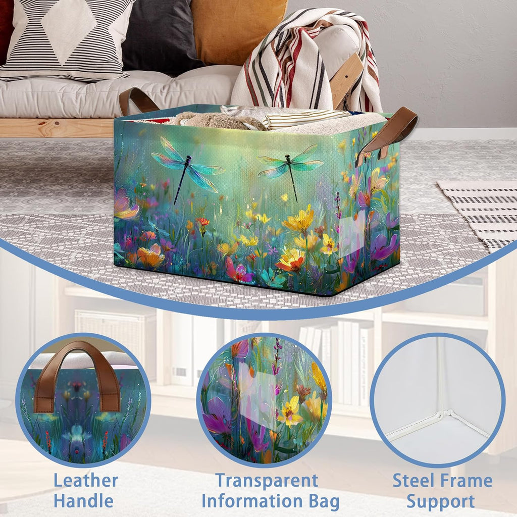 Dragonfly Storage Basket,Flower Collapsible Storage Bin Cubes for Living Room Bedroom Blankets Home Storage 17x11.5x10Inch