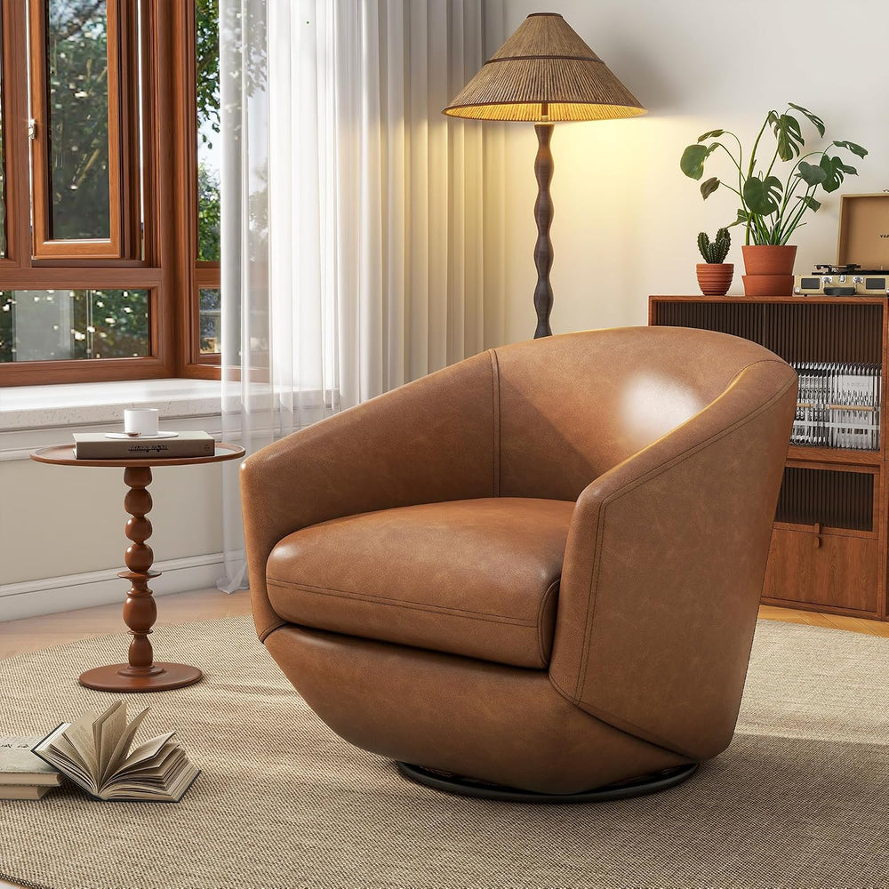 360° Swivel Barrel Accent Chair, PU Leather Upholstered Club Armchair for Liv...