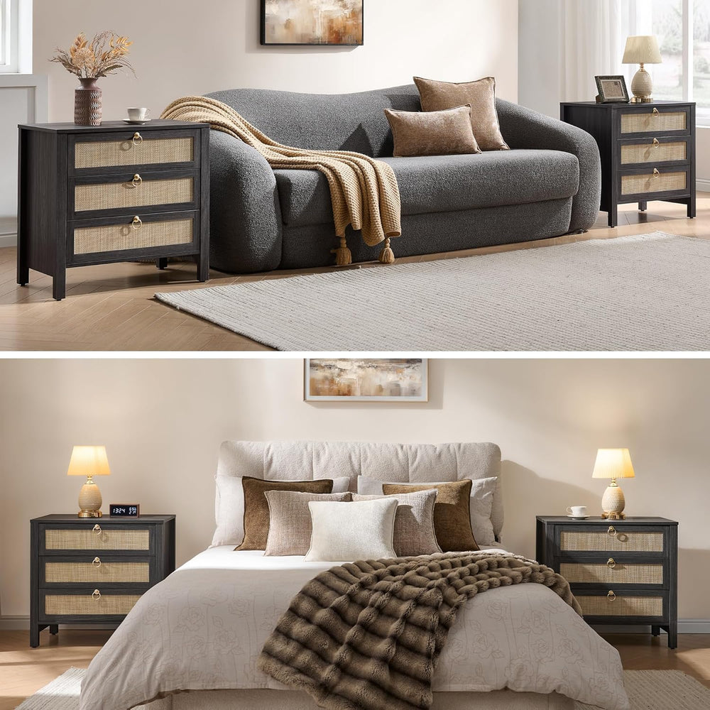 SICOTAS Rattan Nightstand Set of 2 with Drawers, Boho Large Bedside Tables | ...