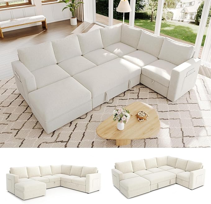 106.7" Sectional Sleeper Sofa with Pull Out Couch, Modern 7 Seat U Shaped Modular Couch, Sectionals Modular Sofa with Storage, Comfy Sectional Couches for Living Room & Apartment, Light Beige