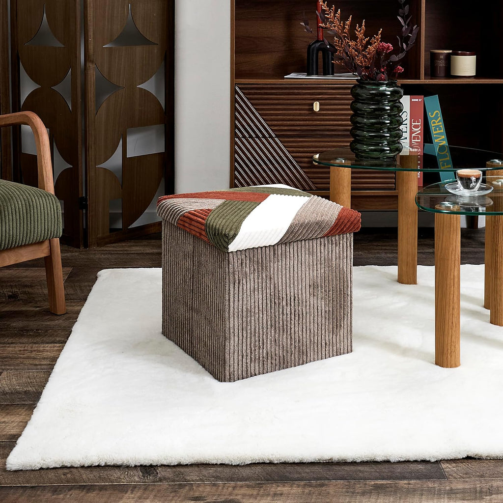 Home Deco Factory, HD0550 Multifunctional Ribbed Foldable Patchwork Pouf Chest Storage and Comfortable Seating Elegant Design Beige Grey Red Green 38 x 38 cm
