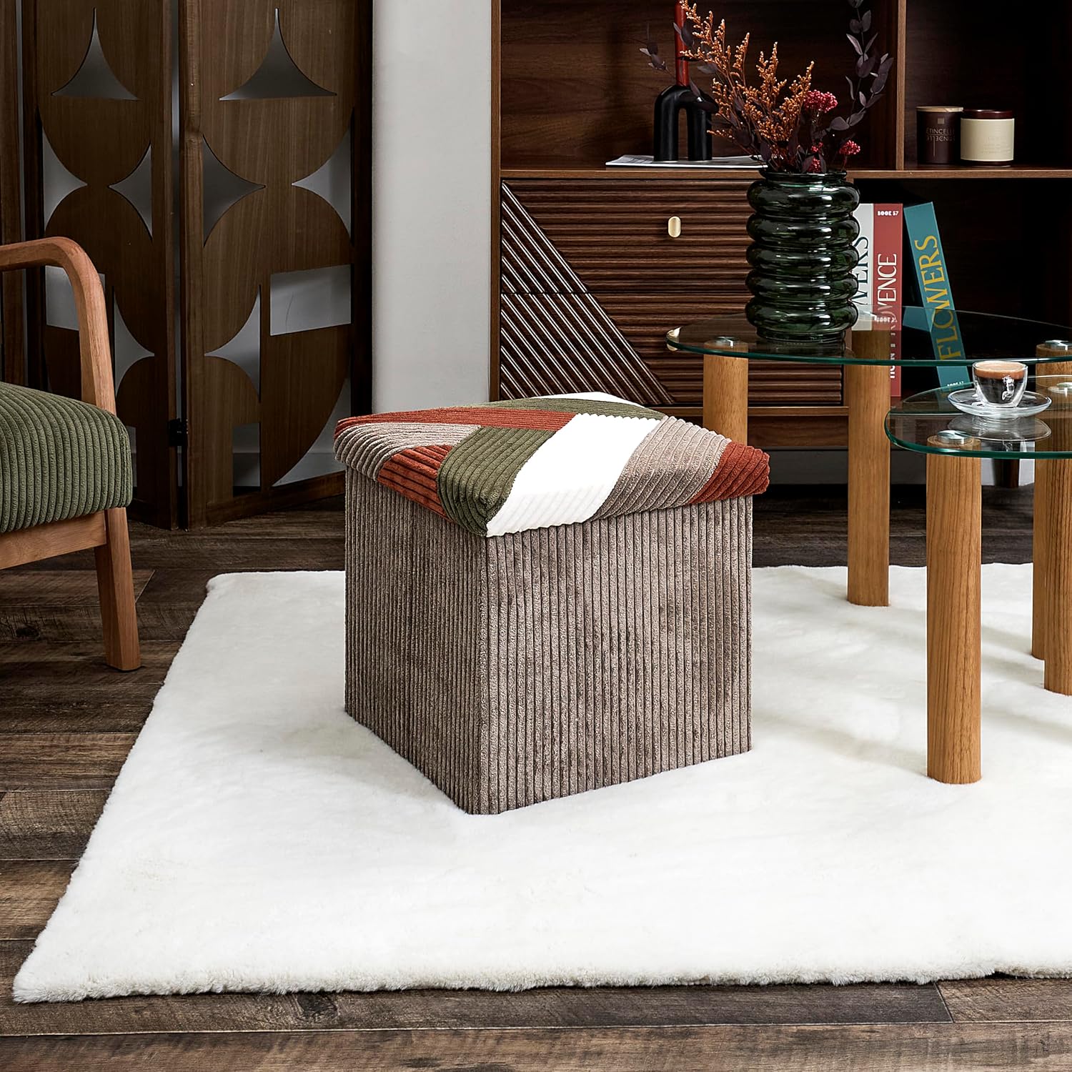 Home Deco Factory, HD0550 Multifunctional Ribbed Foldable Patchwork Pouf Chest Storage and Comfortable Seating Elegant Design Beige Grey Red Green 38 x 38 cm