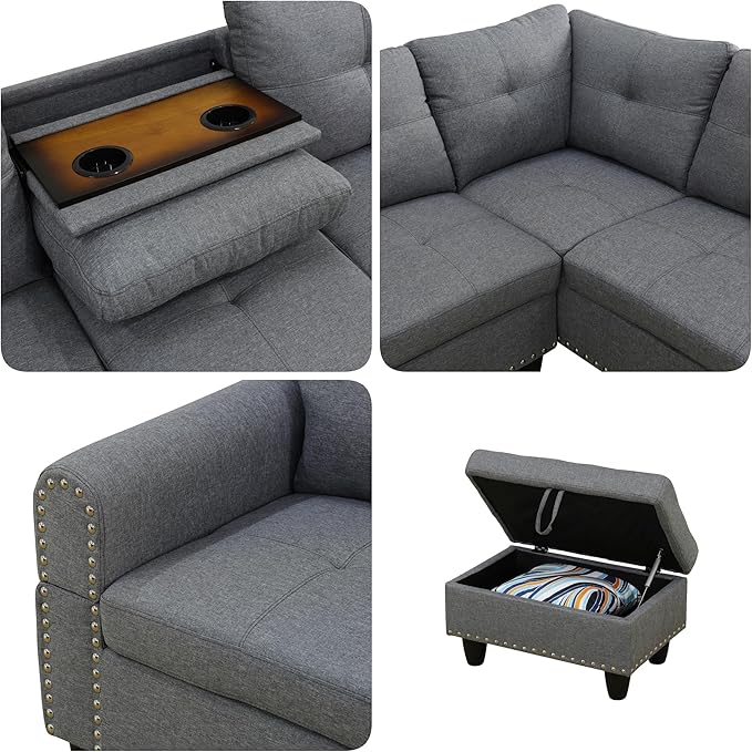 Sectional Couches for Living Room with Movable Chaise & Storage Ottoman - 97.5" Linen L Shaped Couches for Living Room Apartment, Home Modular Sectional Sofas with Cup Holder, Grey