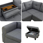 Sectional Couches for Living Room with Movable Chaise & Storage Ottoman - 97.5" Linen L Shaped Couches for Living Room Apartment, Home Modular Sectional Sofas with Cup Holder, Grey