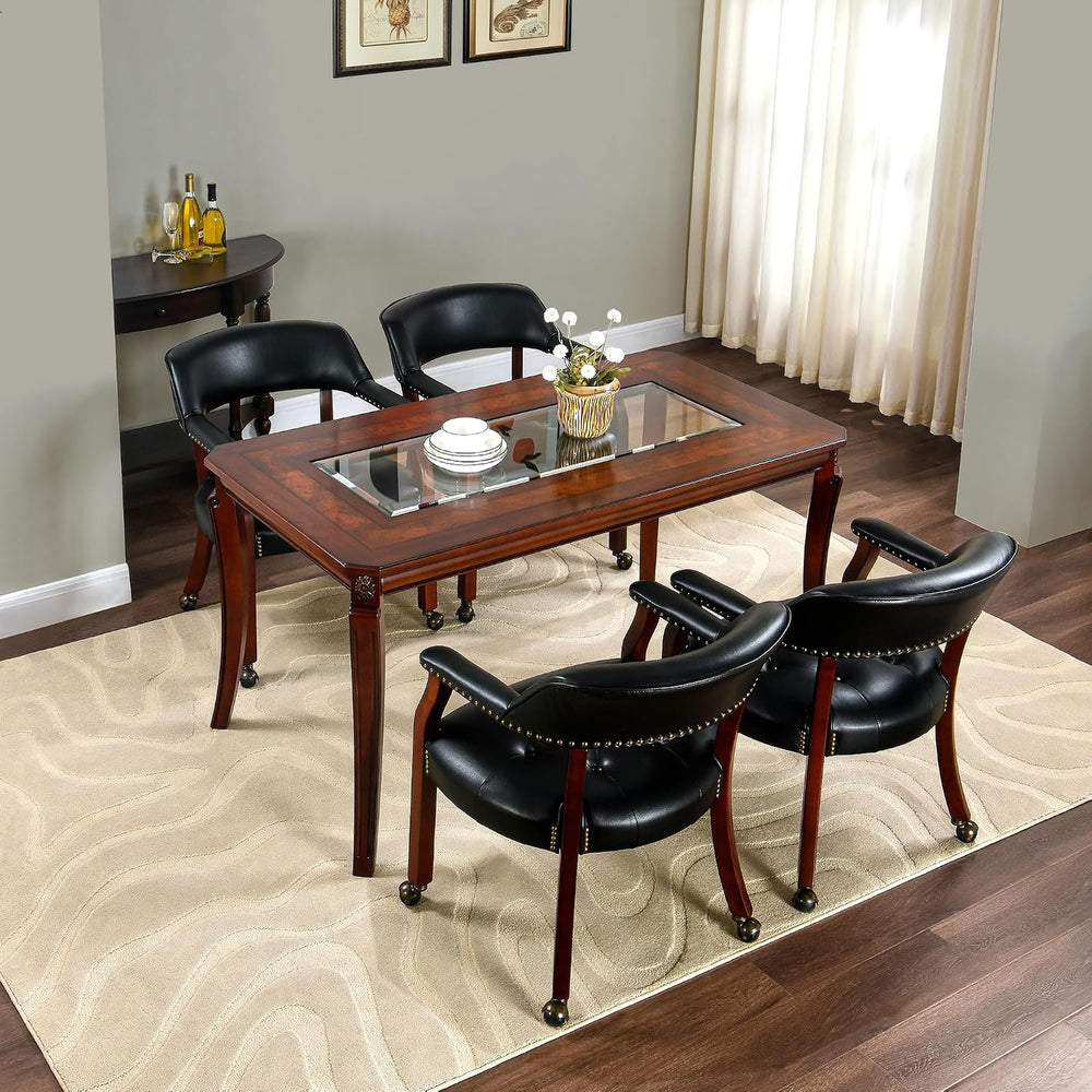 Rectangular Glass Dining Table 59” with Cherry Veneer Frame and Solid Wood Le...