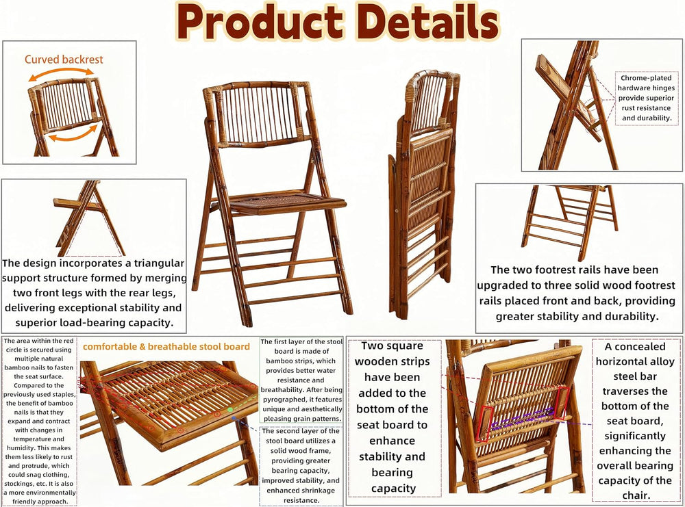 2 Pack Certified Bamboo Folding Chair, Completely Upgraded Foldable Vintage D...