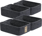 Large Shallow Organizing Baskets 15x11x5.1 Inches - Rope Woven Storage Bins for Bathroom, Shelves, Cube Closet, Mixed Black 4 Packs