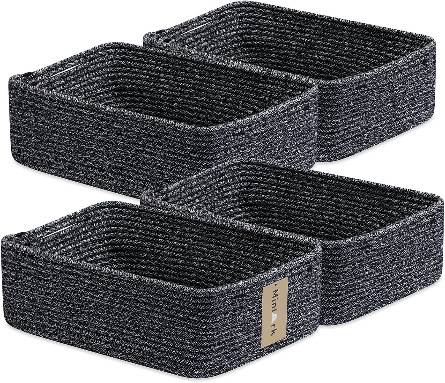 Large Shallow Organizing Baskets 15x11x5.1 Inches - Rope Woven Storage Bins for Bathroom, Shelves, Cube Closet, Mixed Black 4 Packs