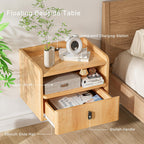 Floating Nightstand Set of 2, Modern Wall Mount Bedside Table with Drawer & Open Shelf, Space-Saving Night Stands with Charging Station, Natural Wood Finish for Bedroom