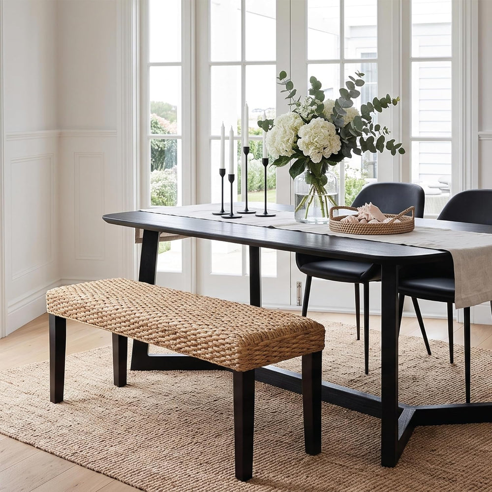 Solid Wood Acacia Indoor Bench, Water Hyacinth Seat, Black Leg, Plait Style |...