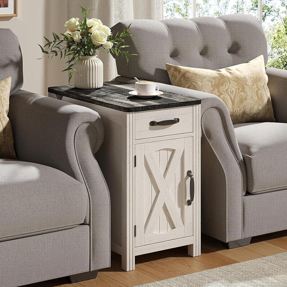 ONBRILL Farmhouse End Table with Charging Station, Narrow Side Table with Bar...