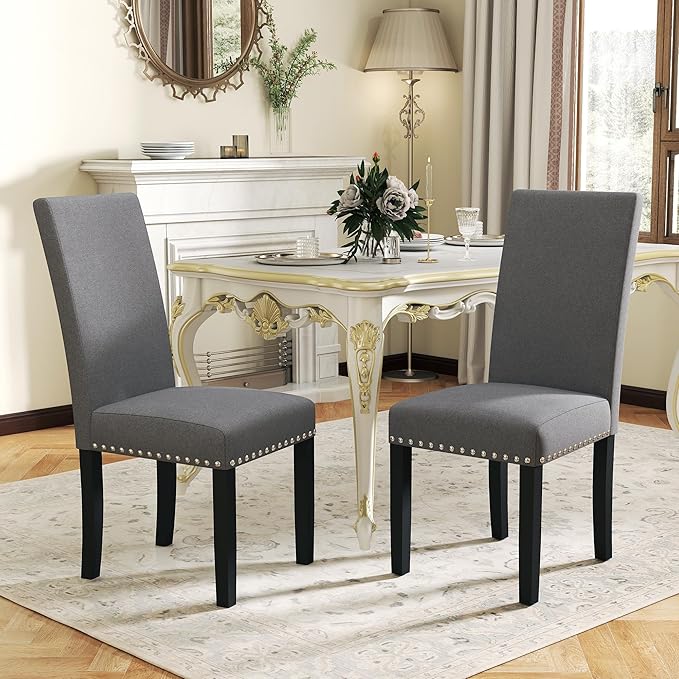 LSSPAID Dining Chairs Set of 2, Fabric Upholstered Dining Room Parson Chair with Nailhead Trim and Solid Wood Legs for Home and Kitchen, Gray