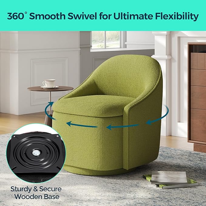 LINSY Swivel Accent Chair with Storage Comfy Chenille Barrel Chairs, Small 360 Swivel Modern Armchair for Living Room Bedroom, Boucle Reading Chair for Study Room (Green)