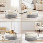 60L Large Laundry Basket with Leather Handles for Living Room Storage, Woven Rope Baskets Bin for Blanket, Kids Toy, Gifts, Wicker Hamper for Bedroom Dirty Clothes, 21"x15"x11" White Grey