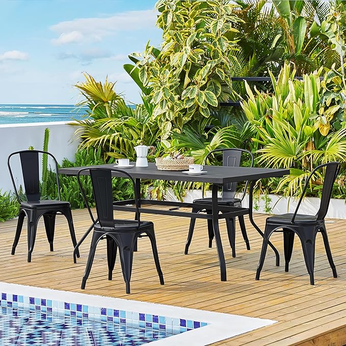 Yaheetech Metal Dining Chairs Set of 4, Industrial Stackable Kitchen Chairs with Back for Dining Room/Restaurant/Bistro/Patio, Indoor & Outdoor Use, Matte Black
