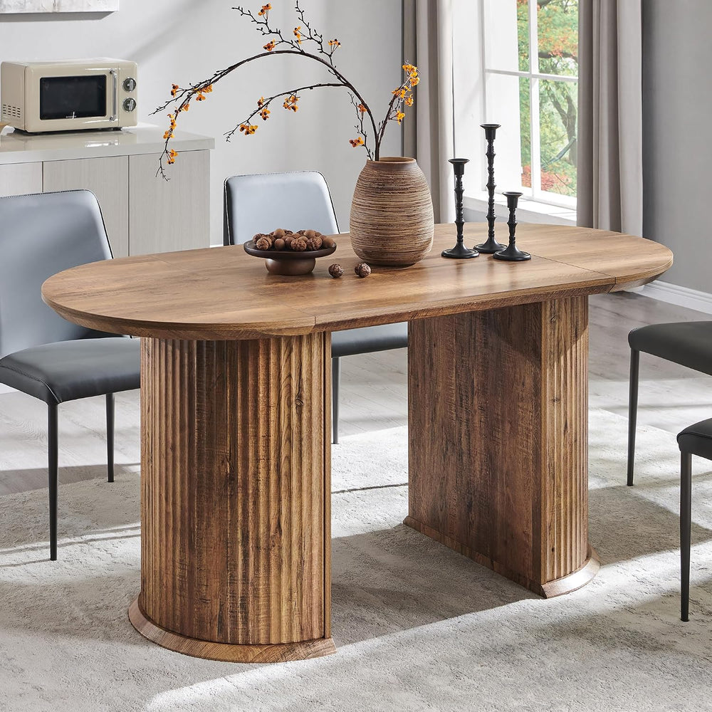 T4TREAM Fluted 63" Oval Dining Table for Kitchen Living Room, Rustic Brown