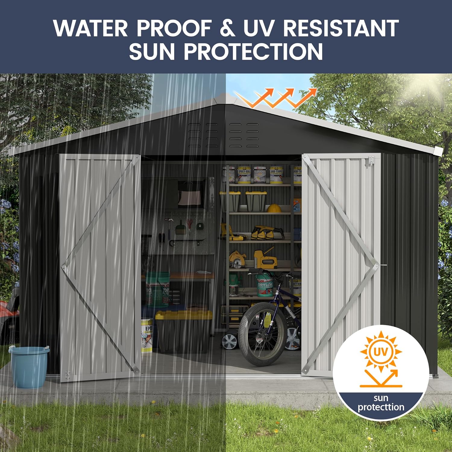 UDPATIO Outdoor Storage Shed 10x12 FT, Outdoor Storage Metal Galvanized Steel Yard, Patio, Lawn, Tool Shed with Lockable Door for Can, Bike, Lawnmower, Generator,Dark Grey