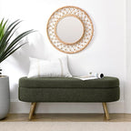 Oval Storage Bench 43.5" Linen Fabric Upholstered Entryway Bench with Solid Wood Legs Ottoman Bench Indoor Bench for Living Room/Bedroom/End of Bed/Entryway (Dark Green)