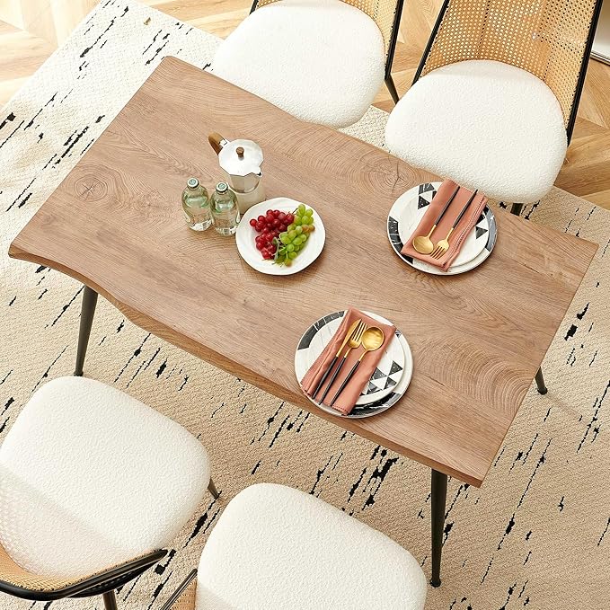 Modern Dining Room Table Set for 4, 5 Pieces Kitchen Table Set with 4 Upholsetered Boucle Dining Chairs Curved Rattan Backrest, Engineered Wood Dining Table Set for Breakfast Nook Coffee