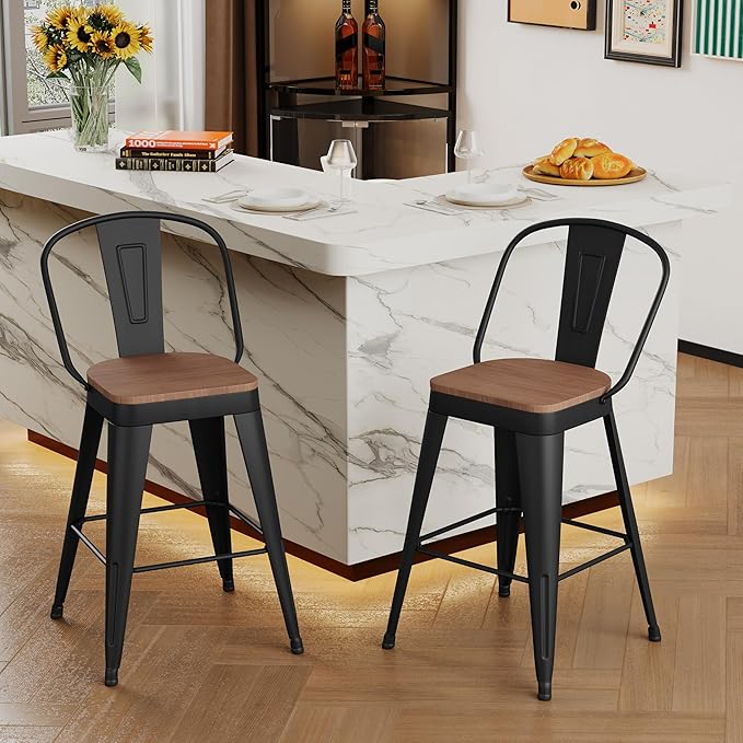 Andeworld Metal Bar Stools Set of 2, 24 inch Counter Height Barstools with Ba...