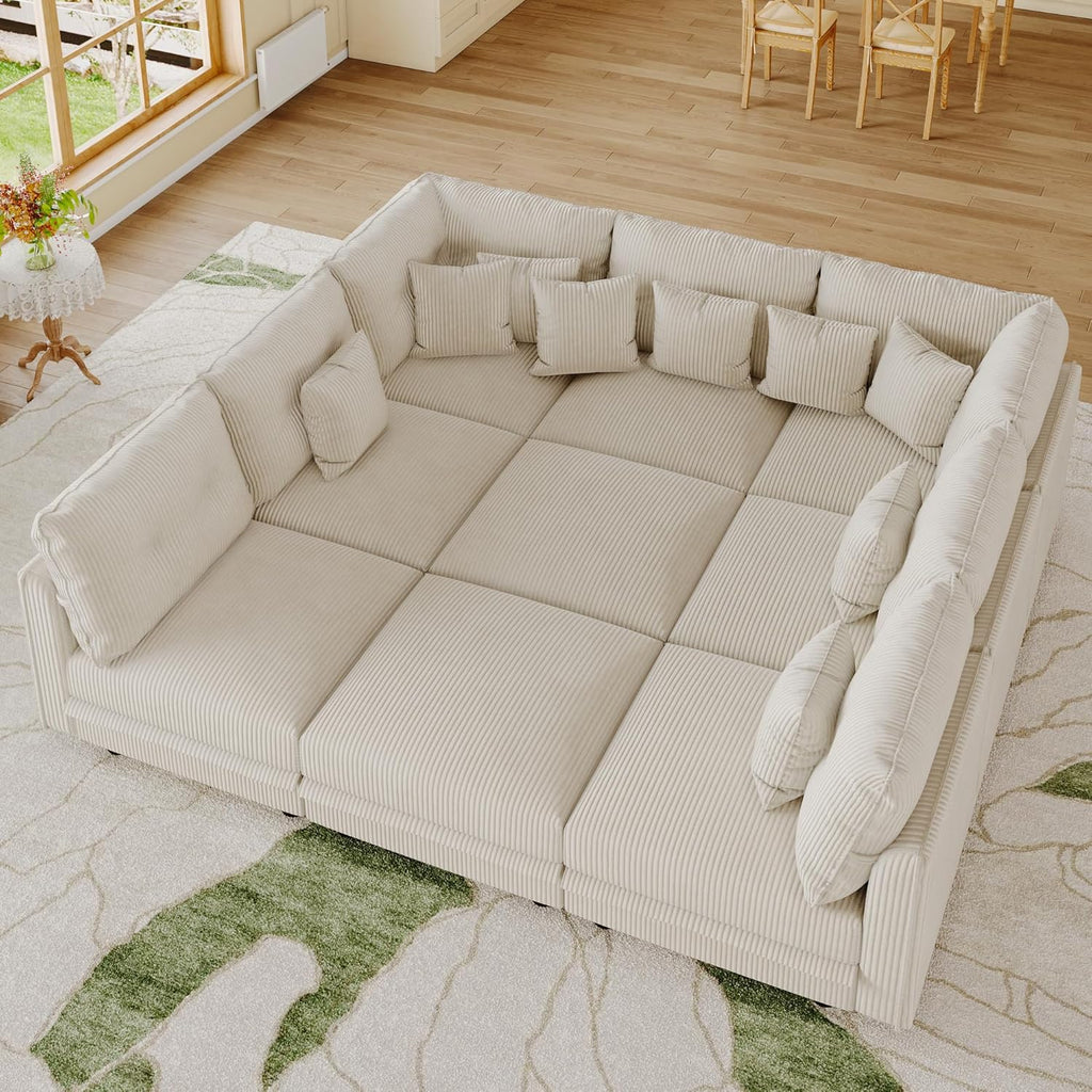 LLappuil 137" Modular Sectional Sofa with Storage, 9 Seater Corduroy U Shaped Couch with 9 Throw Pillows, Convertible Sofas for Living Room, Pet-Friendly, Scratch Resistant, Reconfigurable, Beige