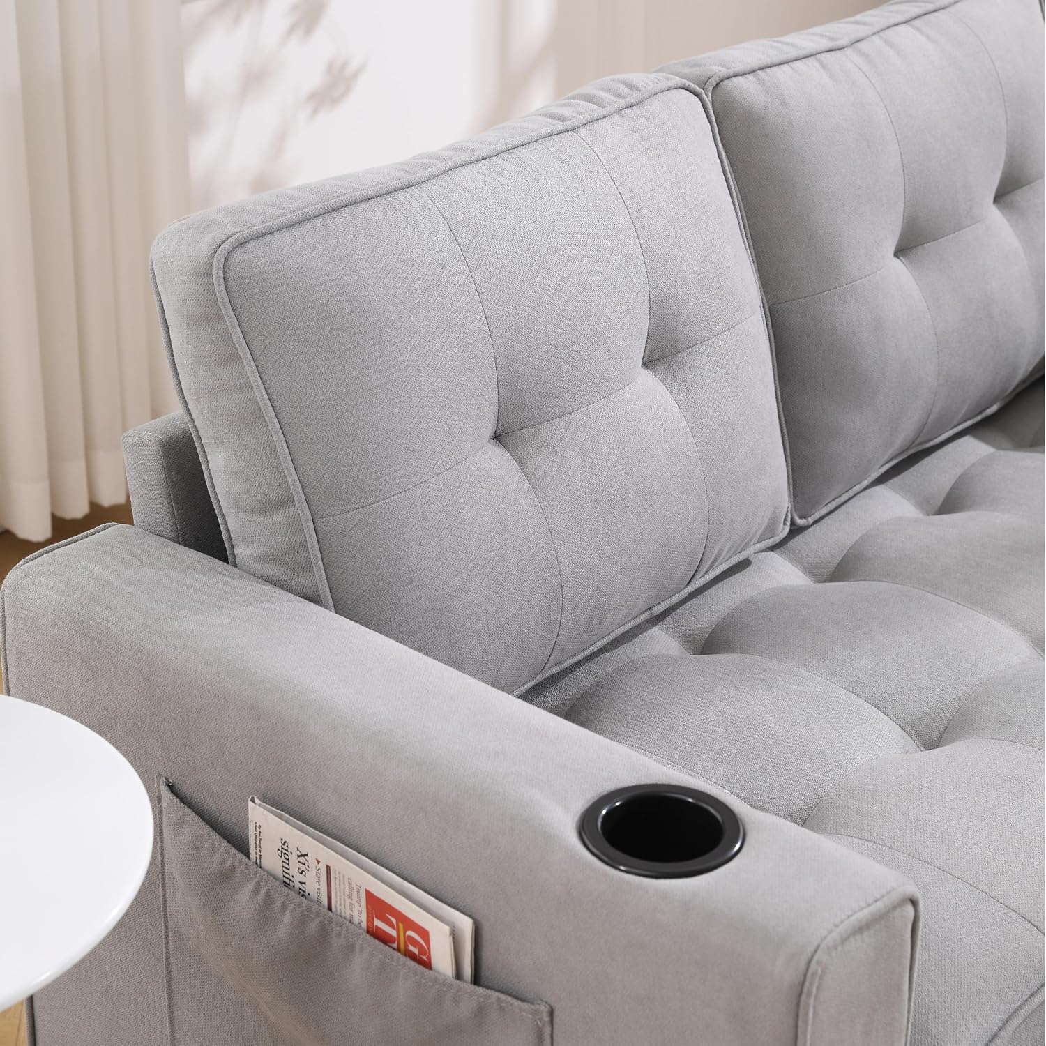 Convertible Sofa Bed, Folding Loveseat Sleeper Sofa Bed with Pillows,Fold Out Floor Couch with Cup Holder, Fabric Pull Out Sleeper Couch Bed for Living Room, Bedroom Lounge, Light Gary