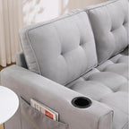ERYE Modern Upholstered Loveseat Sofa Foldable Convertible Floor Sofabed W/Cupholders and Pockets, 3 Fold Tufted Futon Lounge Sofa with Pull Out Sleeper Couch Bed for Living Room Bedroom Studio