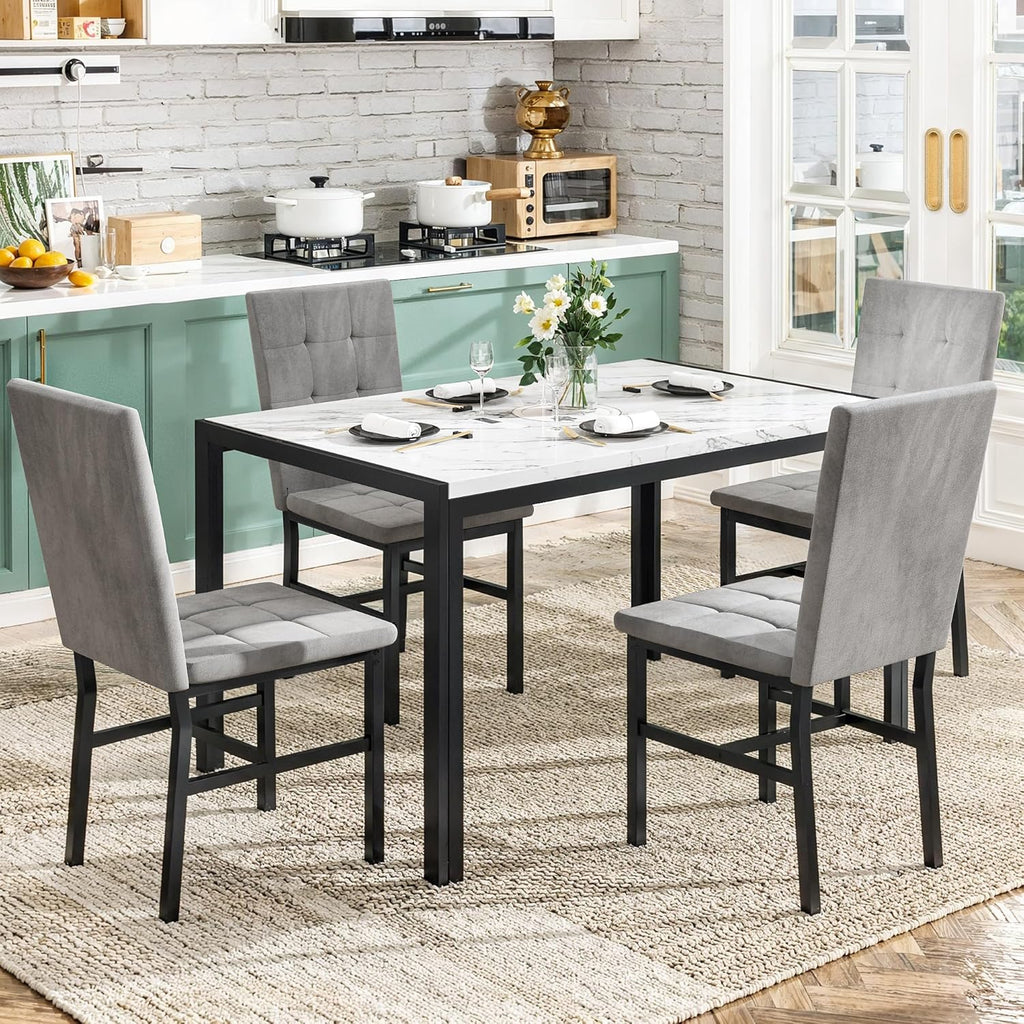 DKLGG 5-Piece Dining Table Set for 4, Faux Marble Kitchen Table Chairs Set of 4 with Upholstered Chairs, Modern Dining Room Table Set for Small Spaces (White+Tufted Grey)