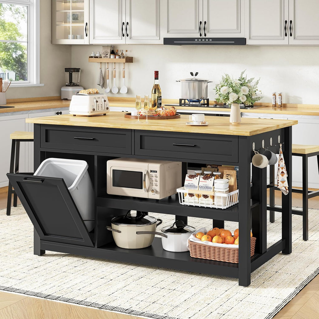 DynJest Kitchen Island with Storage and Seating Include 2 Bar Stools, Black | 47" Solid Rubberwood Island Table with Trash Can Storage, Power Outlets, 2 Drawers & Open Shelves Cabinet, Dining Table for 2