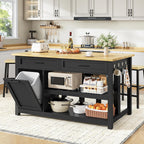 DynJest Kitchen Island with Storage and Seating Include 2 Bar Stools, Black | 47" Solid Rubberwood Island Table with Trash Can Storage, Power Outlets, 2 Drawers & Open Shelves Cabinet, Dining Table for 2